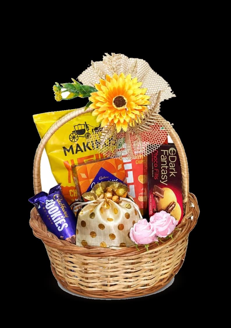 Cane basket hamper of chocolates and cookies topped with a sunflower