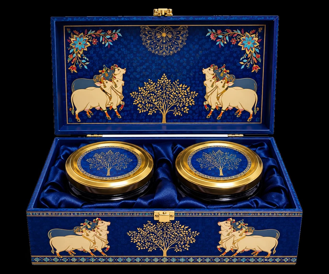 Kamdhenu Trunk open, its Pichwai-painted lid above two gold-lidded jars