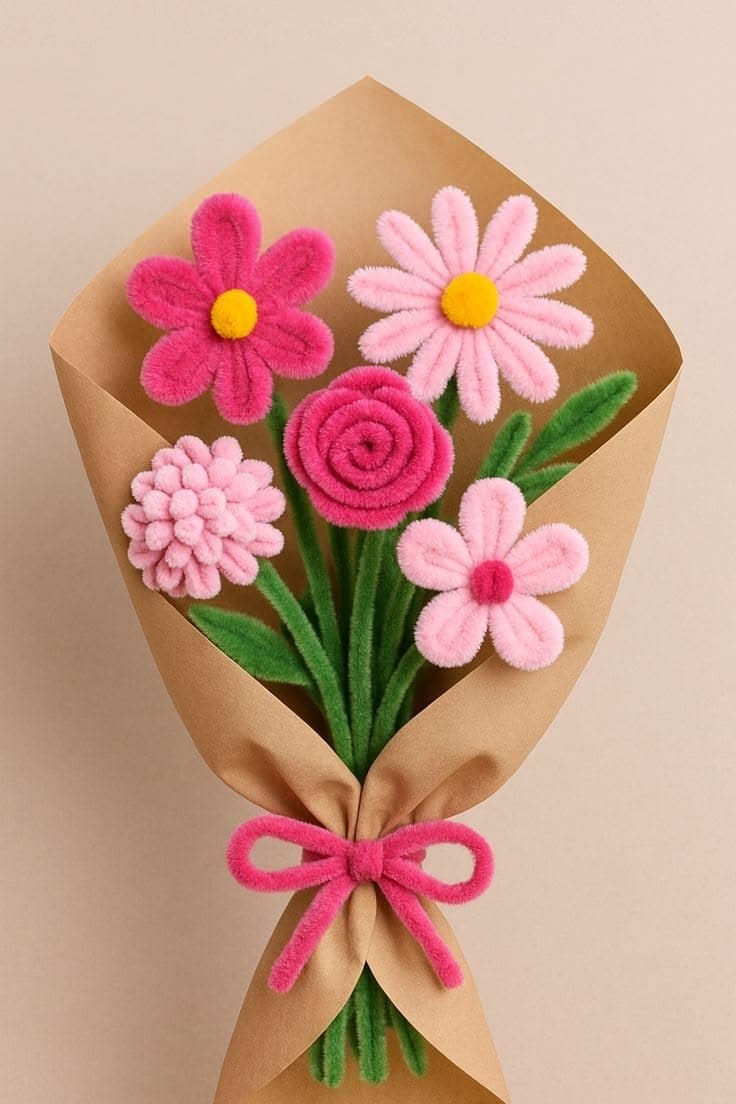 Handmade pink pipe-cleaner bouquet in a kraft paper cone